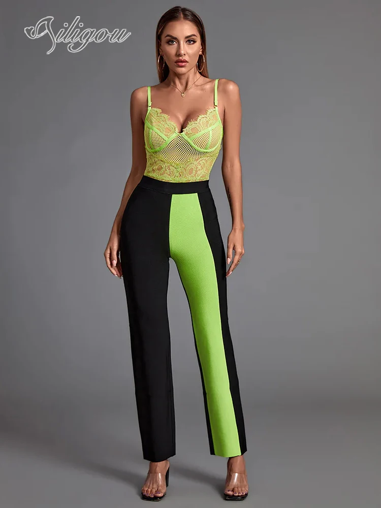 

Женский комплект из 2 предметов Ailigou 2022, Кружевное боди без рукавов и длинные широкие брюки, Сексуальные вечерние облегающие платья знаменит...
