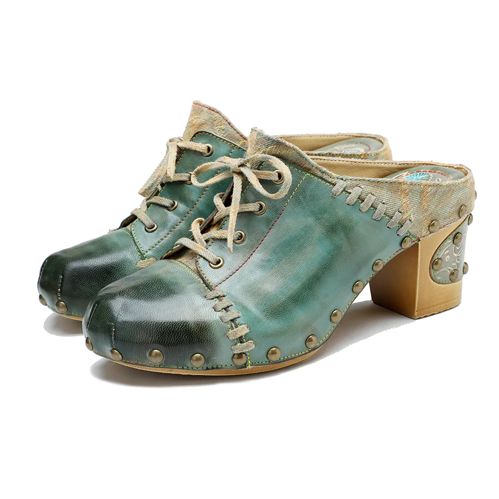 

Винтажные кожаные женские тапочки с заклепками на высоком каблуке, летняя женская обувь из овечьей кожи, обувь Mueller