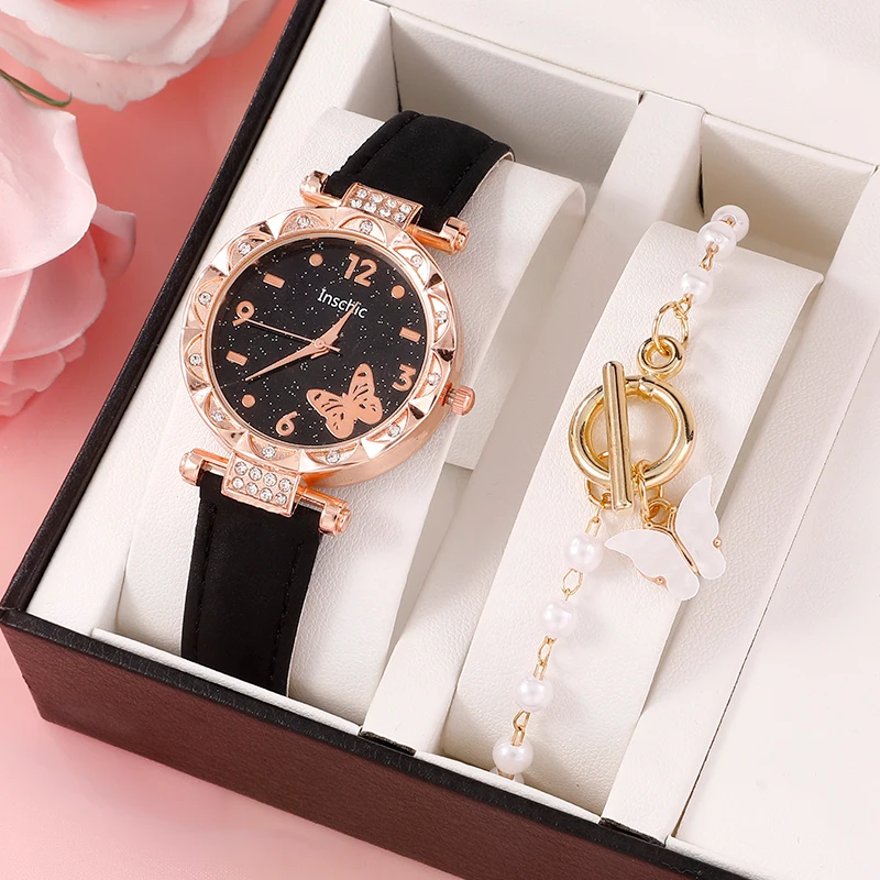 

Fashion Butterfly Dial Quartz Watch Ladies Leather Diamond Dress WristWatch Bracelet Set
