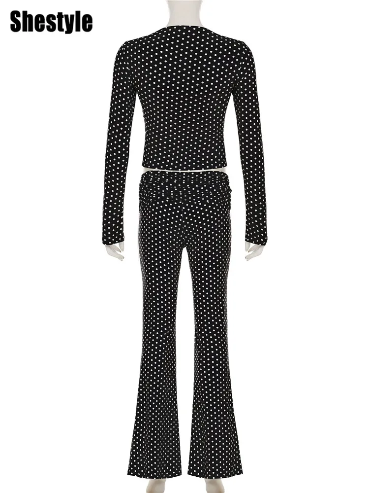 Shestyle Polka Dot Женские черные комплекты из двух предметов Сексуальные расклешенные