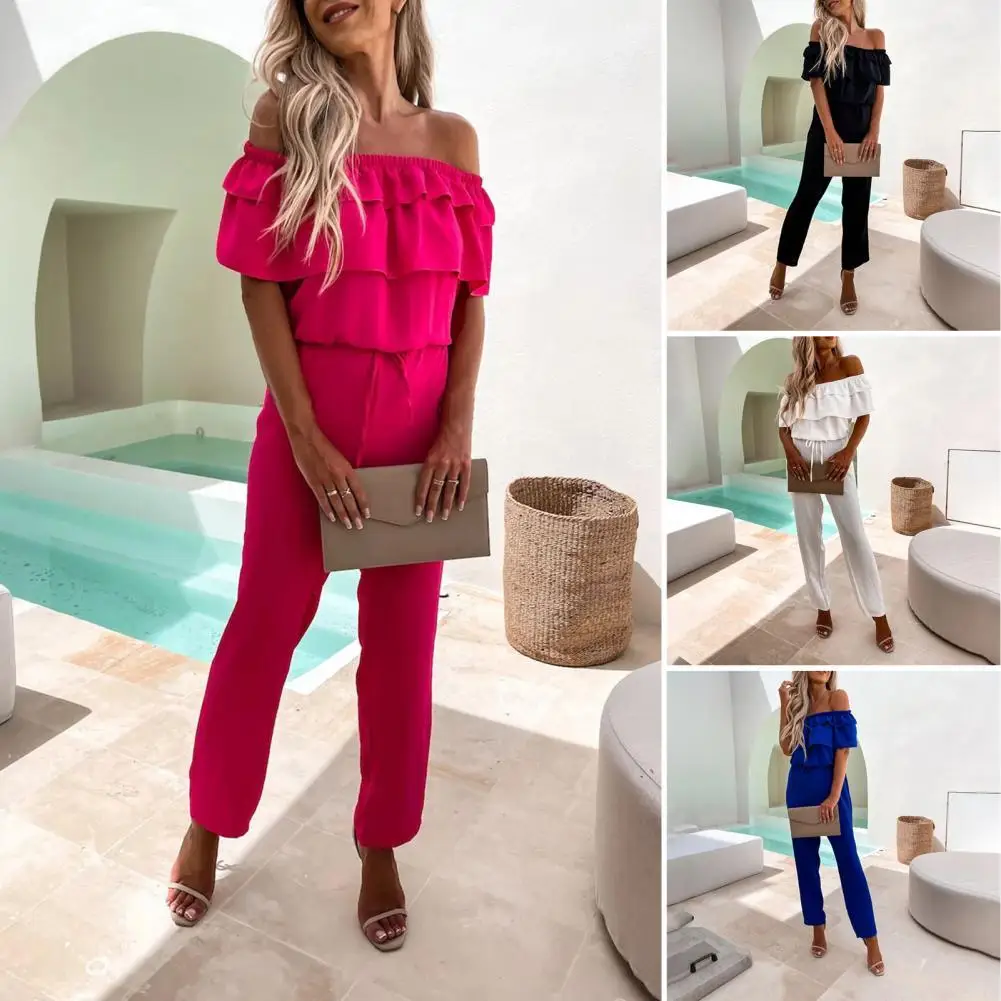 

Women Jumpsuit Boat Neck High Waist Anti-deformed Women Fashionable Casual Romper Daily Life Jumpsuit Women Combinaison Femme