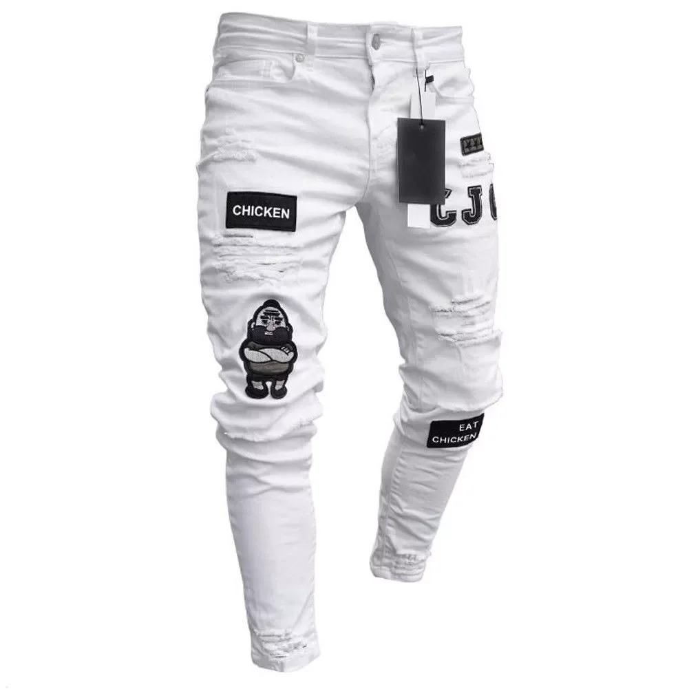 

Men Stretchy Ripped Skinny Biker Embroidery Print Jeans Destroyed Hole Taped Slim Fit Denim Scratched Hig3 Styles h Quality Jean