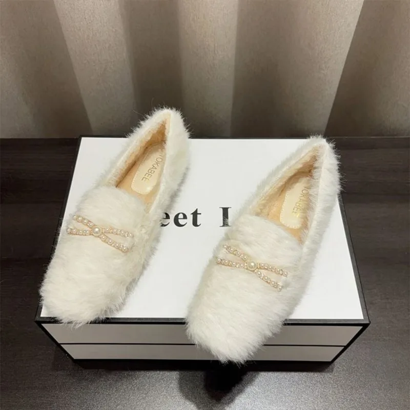 2024 плюшевые тапочки для женщин милые домашние туфли с бантом из бисера замшевые