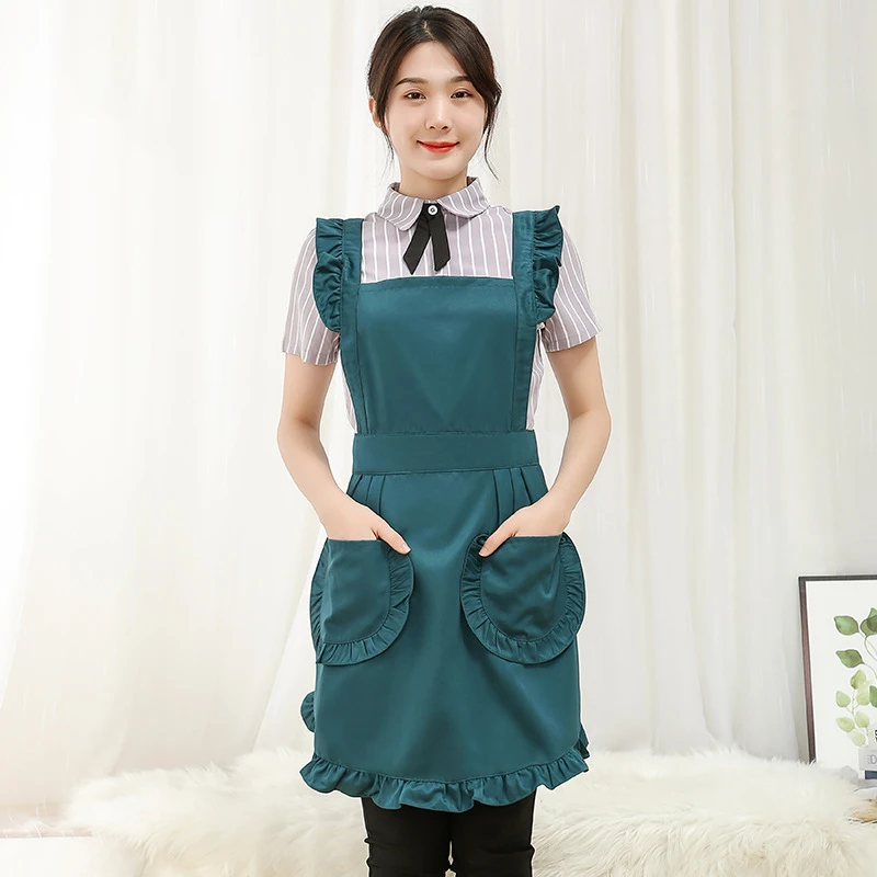 Aprons for Woman Anti-fouling Kitchen Double Shoulder Strap Lace Pocket Skirt Flower Shop Manicurist Overalls Bib Apron Dress |