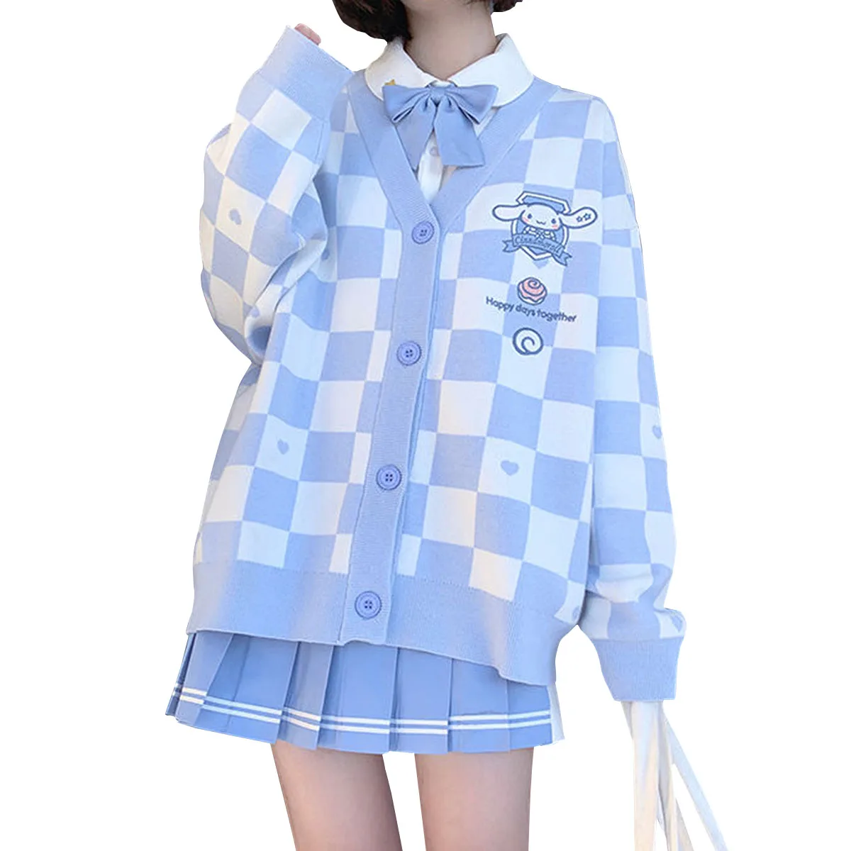 Кардиган JK с мультяшной вышивкой вязаный свитер Y2k Kawaii Harajuku в клетку большого