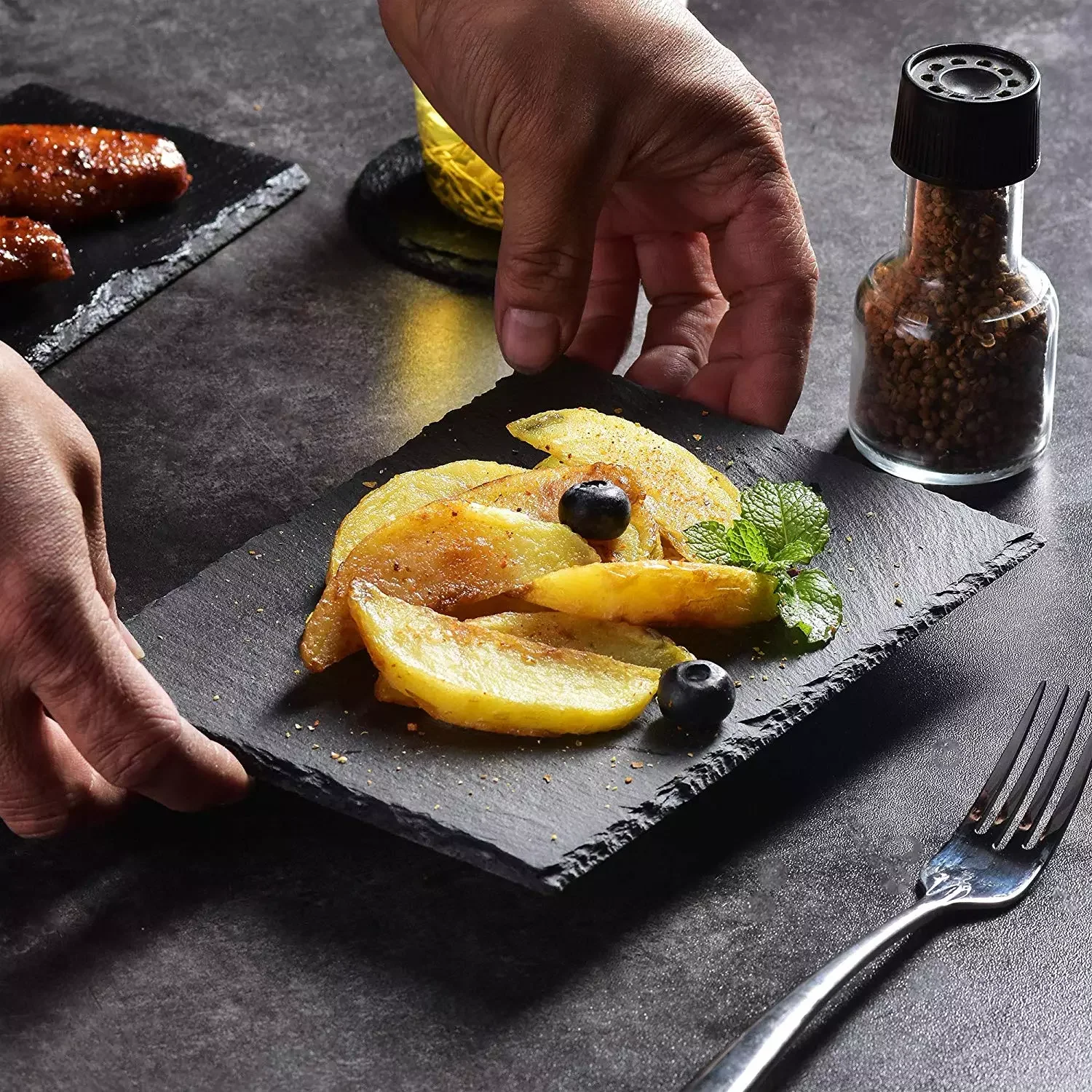 

6Piece Natural Slate Rectangle Placemat Steak Plates Slate DinnerPlate BBQ Dessert Cake Kitchen Dishes Pizza Fruit Tray