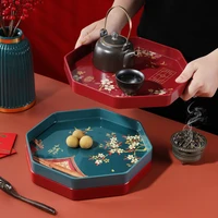 chinese storage tray red cyan print storage plate fruit nuts food tray household spring festival wedding decorative tray