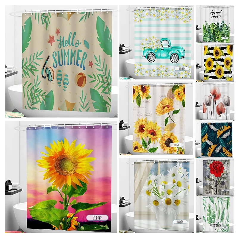 

Green Plant Leaf Palm Cactus Shower Curtains Rose Bathroom Curtain Small Fresh Waterproof Polyester Bathroom Curtain with Hooks