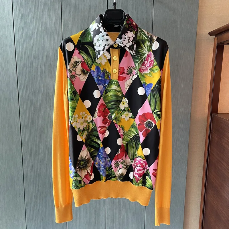 

2021 Autumn High Quality Women's Knitted Sweater Flower Polka Dot Patchwork Silk Cashmere Loose Vacation Long Sleeve Sweater