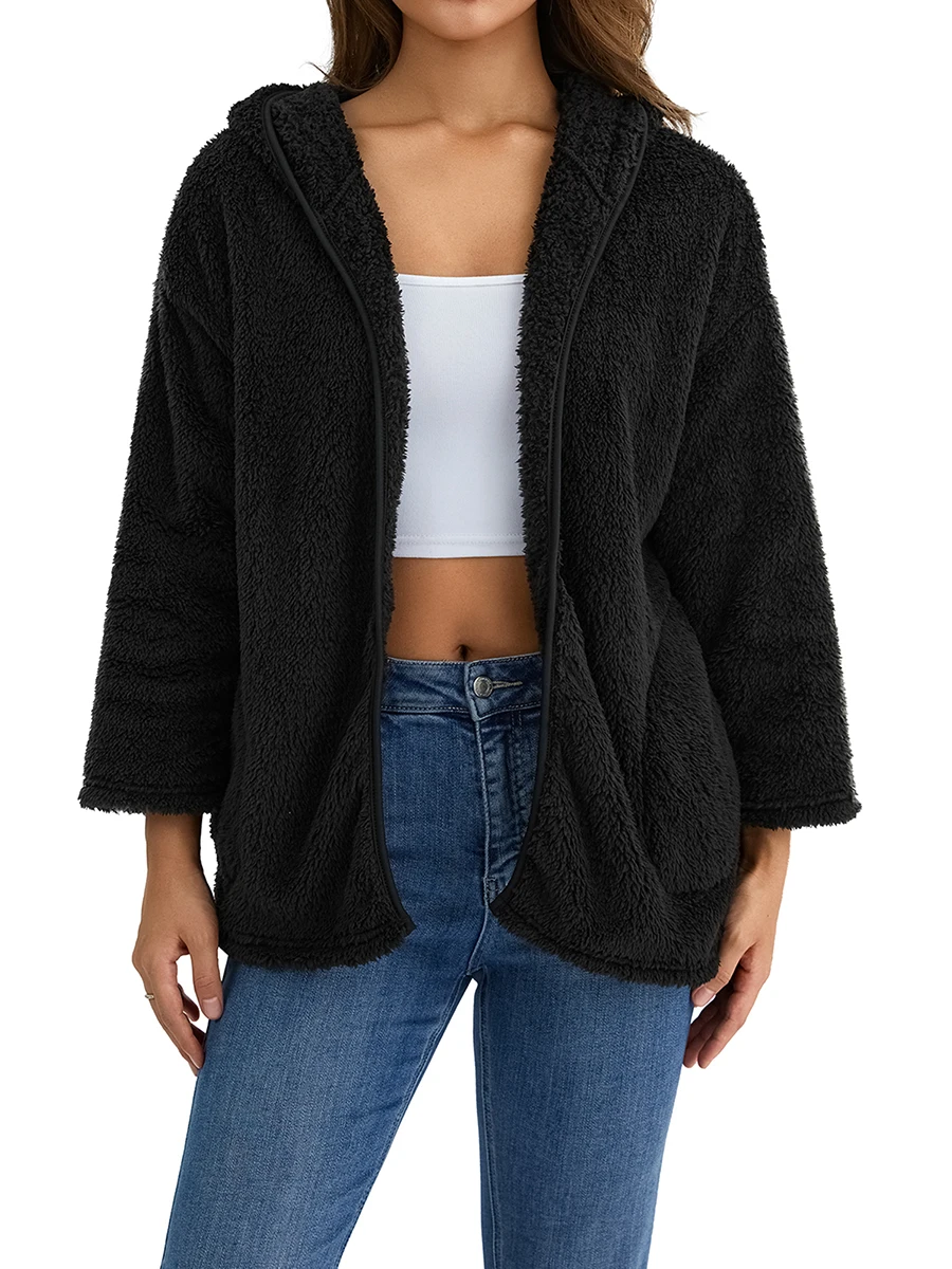 Fuzzy Jackets for Women with Hood Fleece Open Front Long Sleeve Cardigan Jackets Coat Outwear with Pockets