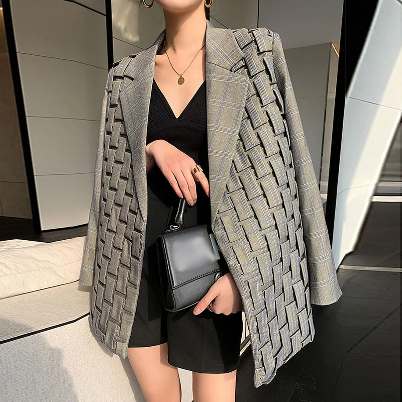 костюм женский British Retro Plaid Jacket Women Suit 1 Pcs Blazer Spring Designer Hand Pleated Loose Fashion Streetwear In Stock