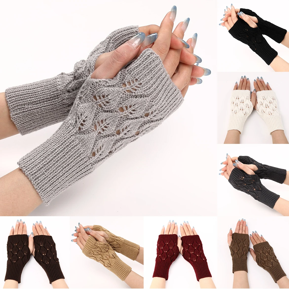 

Trend Knitted Half-finger Gloves Men Women Weave Leaves Pattern Gloves Unisex Short Fingerless Mittens