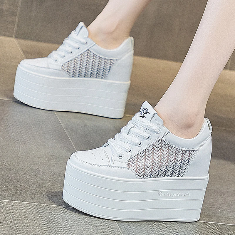 Genuine Leather 12cm Air Mesh Chunky Sneakers Wedge Platform Lace Breathable Heels Hollow Shoes Vulcanized Summer Women Shoes