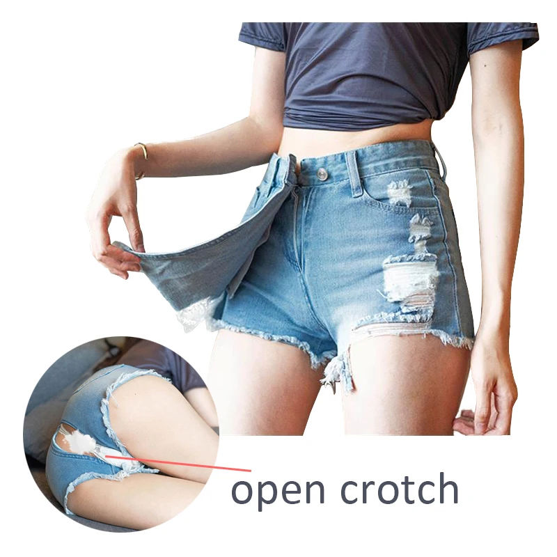 Woman Sexy Open Crotch Jeans Seamless Zipper Denim Crotchless Shorts Skirt Straight Tight Ripped Outdoor Sex Convient Hot Pants
