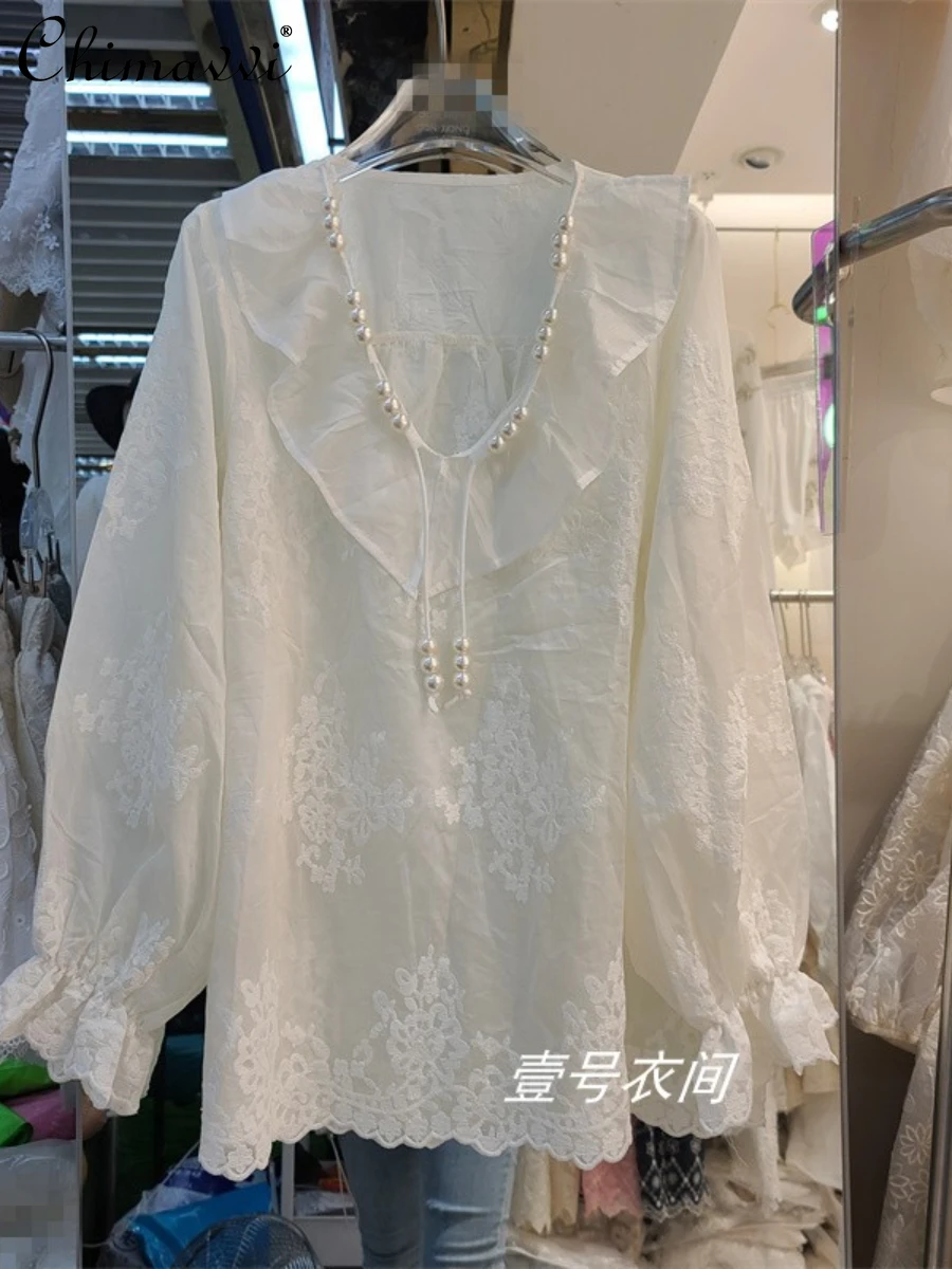

European 2022 Summer New Fashion 3D Embroidered Loose Beaded Lotus Collar Shirts Long Sleeve Sunscreen Lace Blusas Women Tops