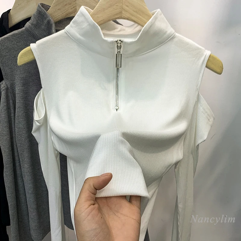 

Off Shoulder T-Shirt for Women European Style Long-Sleeve Zipper Tees Female 2022 Spring New Design Casual Fashion Trendy Top