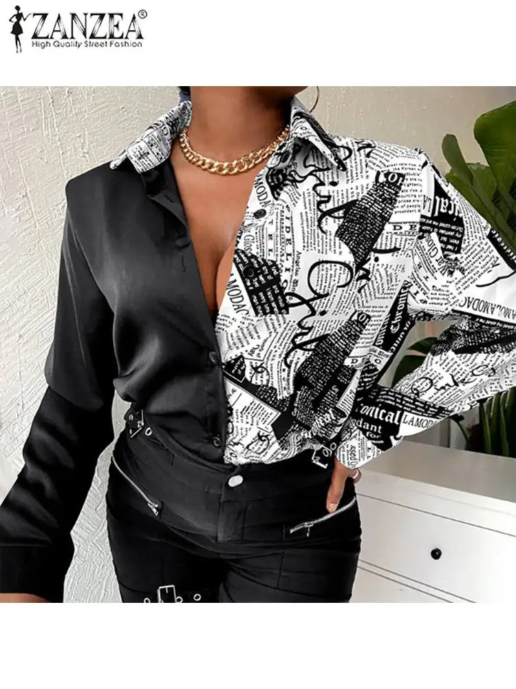 

Women Fashion OL Satin Tops Tunic ZANZEA Long Sleeve Blouse Casual Patchwork Printed Lapel Neck Blusas Femininas Oversized Mujer