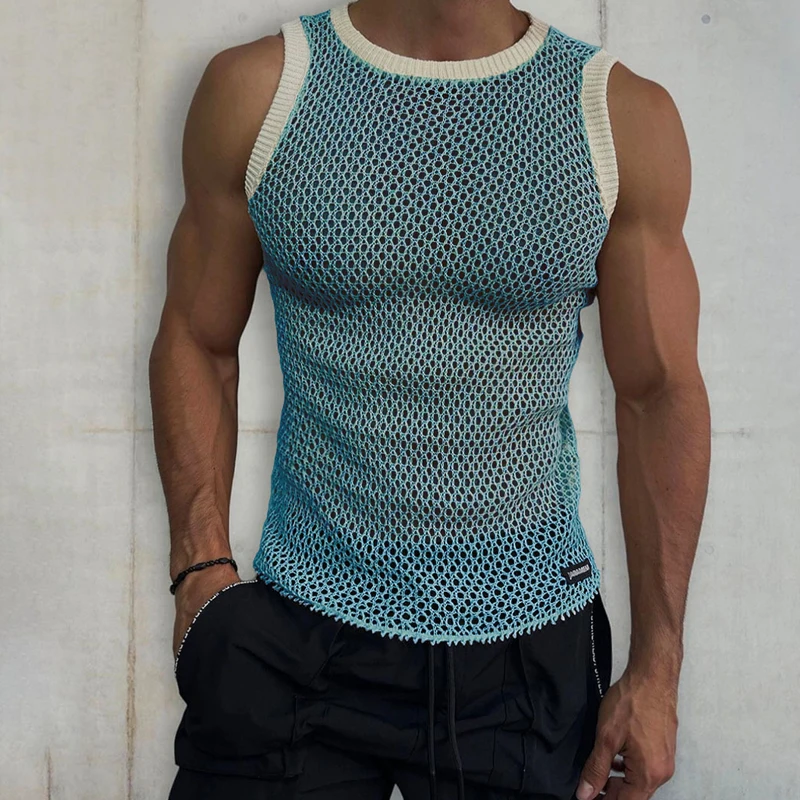 

Fashion Hollow Solid Summer Men's t Shirt Casual O-Neck Pullover Top Sexy 2yk Clothes Sleeveless Knitted Vest Tee For Man 2023