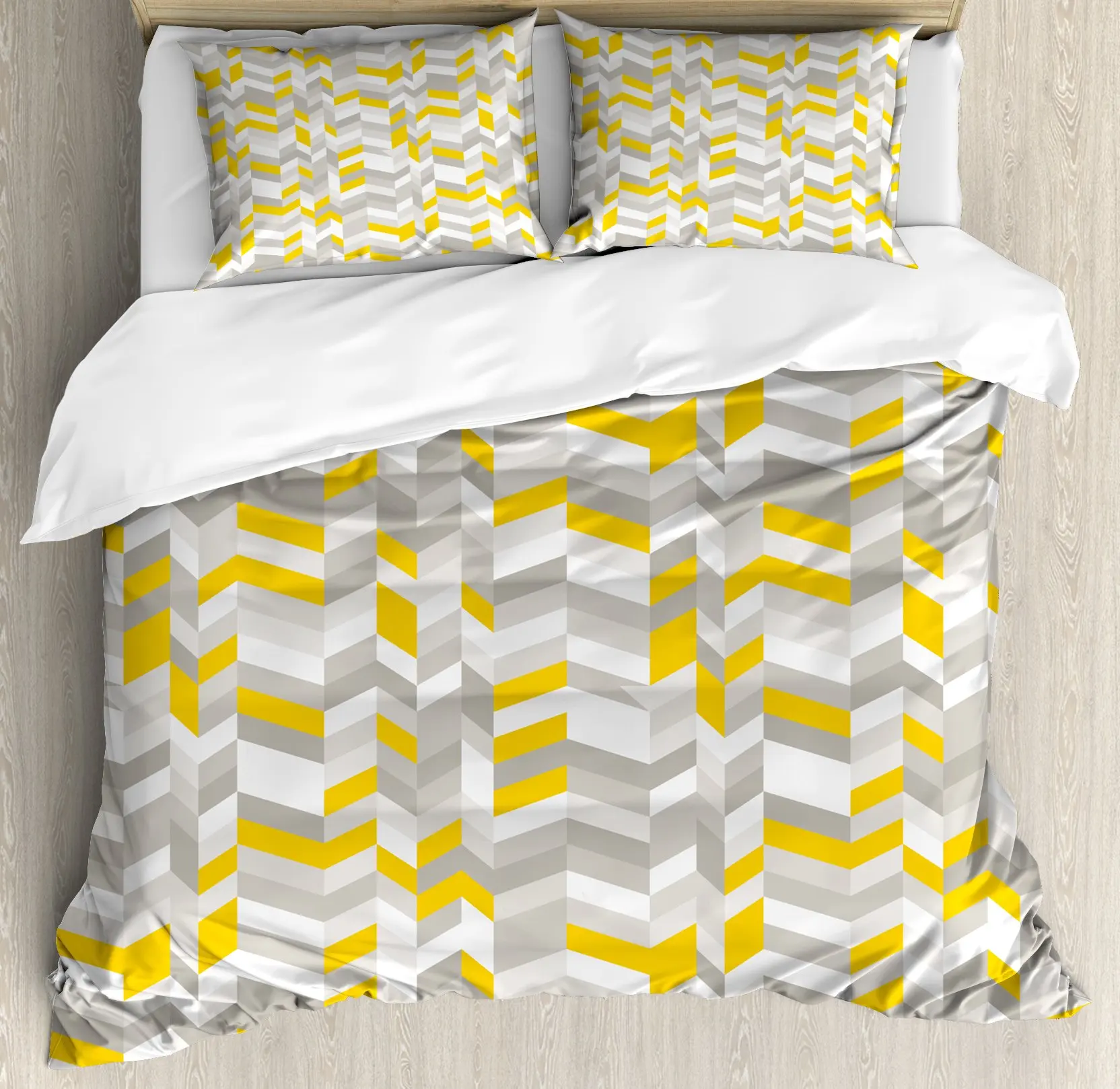 

Grey and Yellow Duvet Cover Set Geometric Vintage 60s Home Pattern Inspired Herringbone Zig Zag Lines Decorative 3 Piece Adults