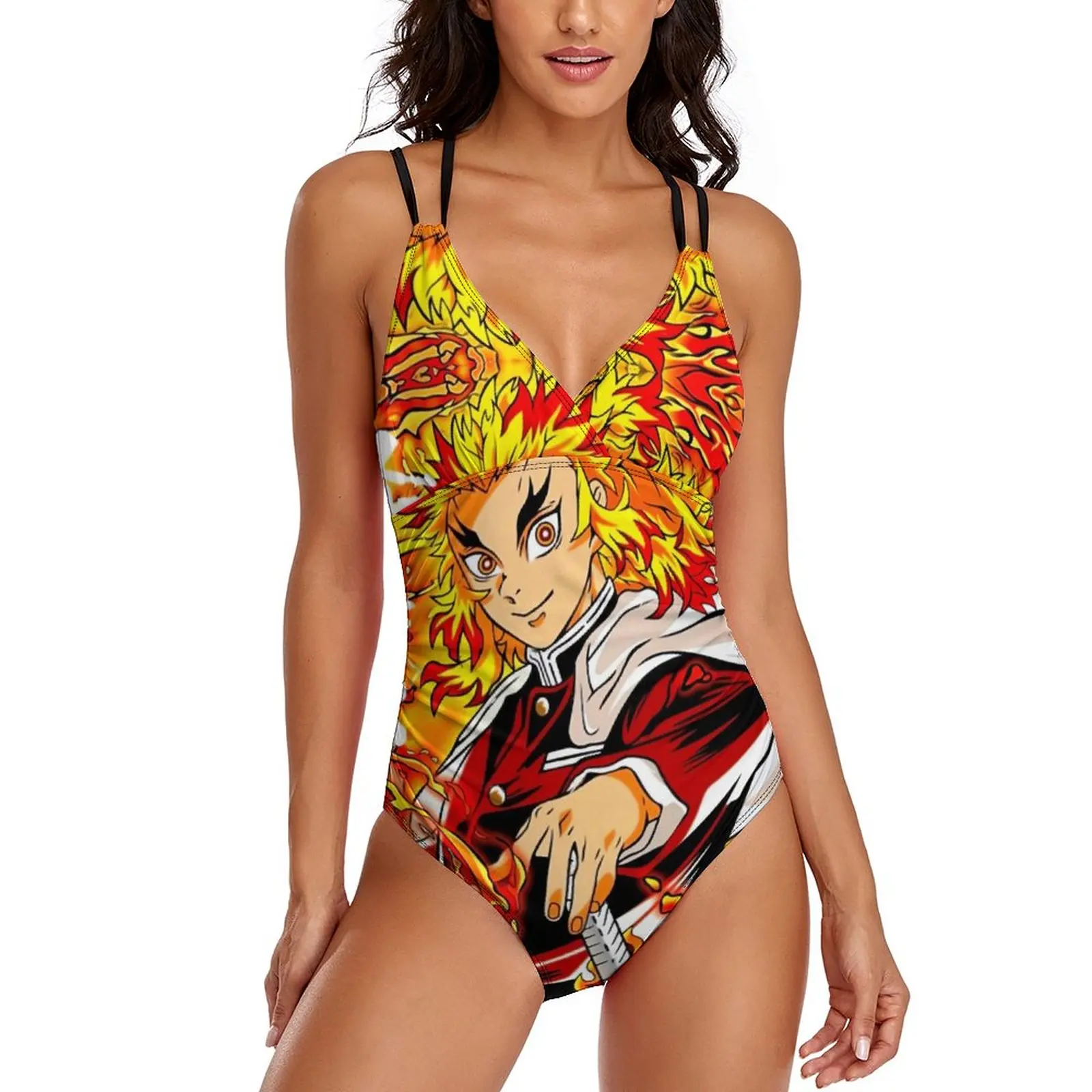 

Demon Slayer Anime Swimsuit Rengoku Kyojuro One Piece Swimwear Push Up Surf Monokini Sexy Cross Back Bodysuit Ladies Beach Wear