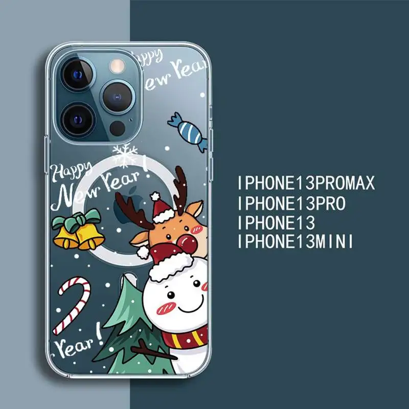 

Merry Christmas new year Phone Case Transparent Magsafe Magnetic Magnet For iPhone 13 12 11 Pro Max Mini Wireless Charging Cover
