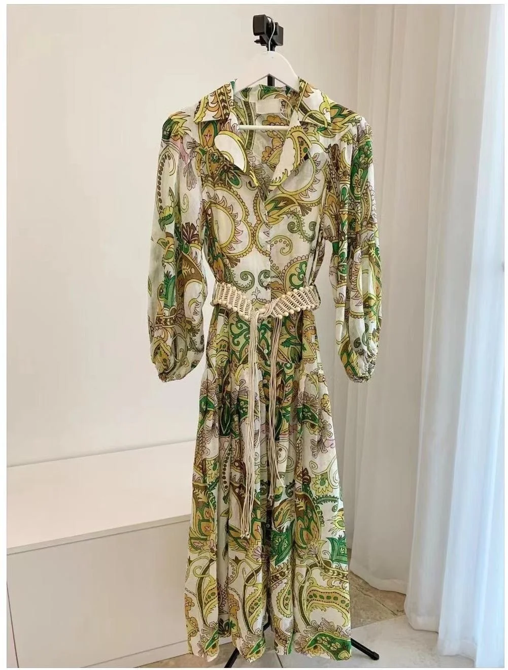 

2023 Spring New Turn Down Collar Green Flower Print Waistband Women Ramie Midi Long Shirt Dress