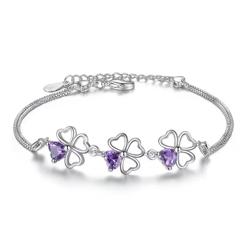 

Popular Brands 925 Sterling Silver Purple crystal Lucky Clover Bracelets for women fashion party wedding Jewelry Length 17CM+4CM