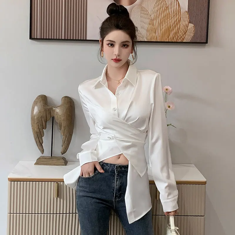 

Satin Women's Shirts Summer 2023 New Silk Solid Blouses Casual Slim Fit Long Sleeve Personalized Top Split Clothing YCMYUNYAN