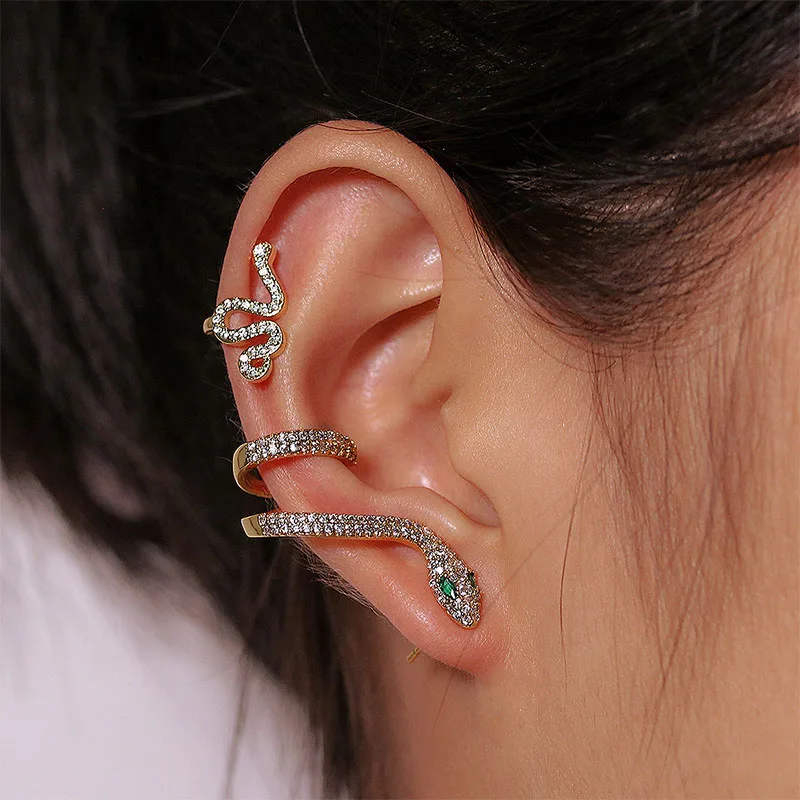 

2022 New Three-Dimensional Zircon Rich Gold Color Snake-Shaped Women's Earrings with Full Zircon Ear Clip Luxury Jewelry
