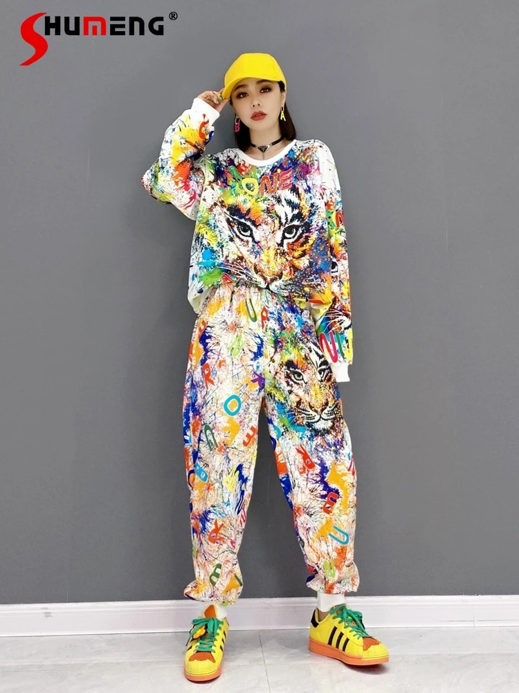 European Station 2022 Summer New Long Sleeve Hoodies Fashion Outfit Printed Leisure Sports Pants Two-Piece Set for Women