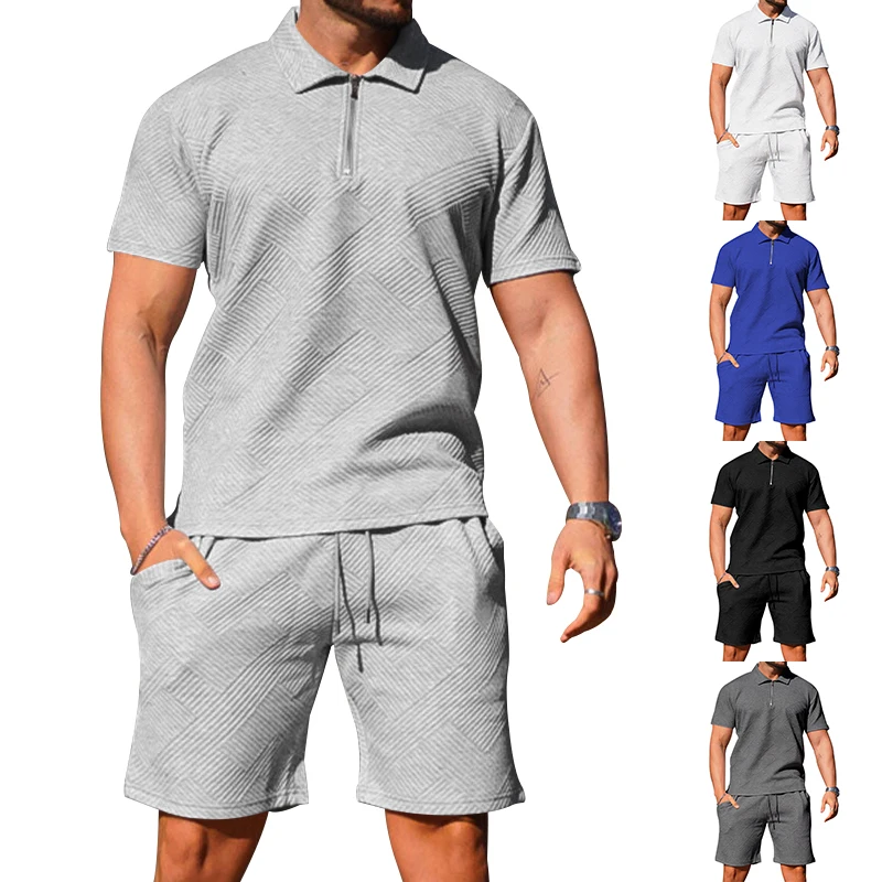 

Fashionable men's casual suit Street wear three-dimensional jacquard short sleeve Polo shirt + shorts Summer Harajuku sportswear
