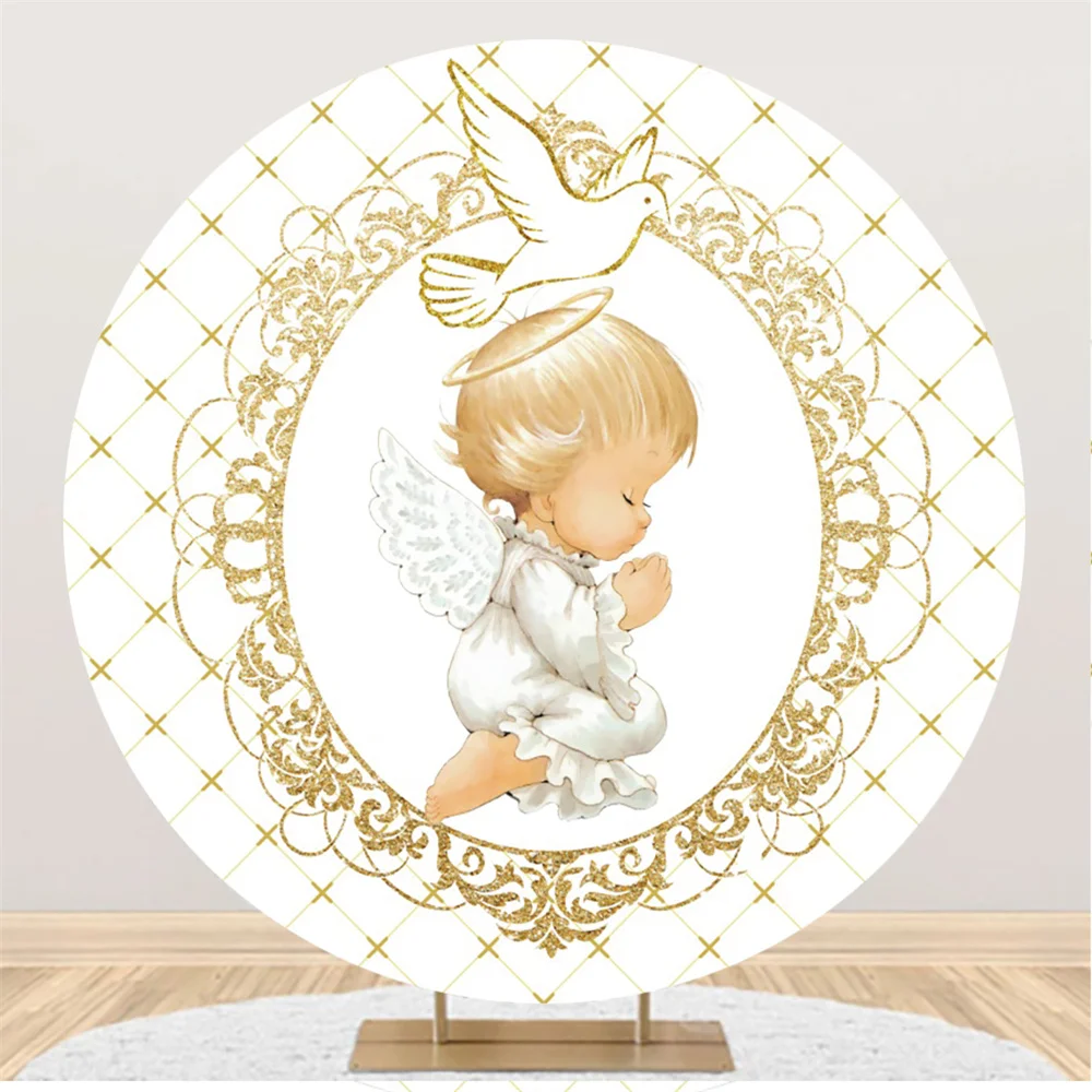 

Mi Bautizo Golden Dove Angel Round Backdrop Baby Baptism Holy Communion Decoration Studio Photo Circle Backgrounds Poster Booth