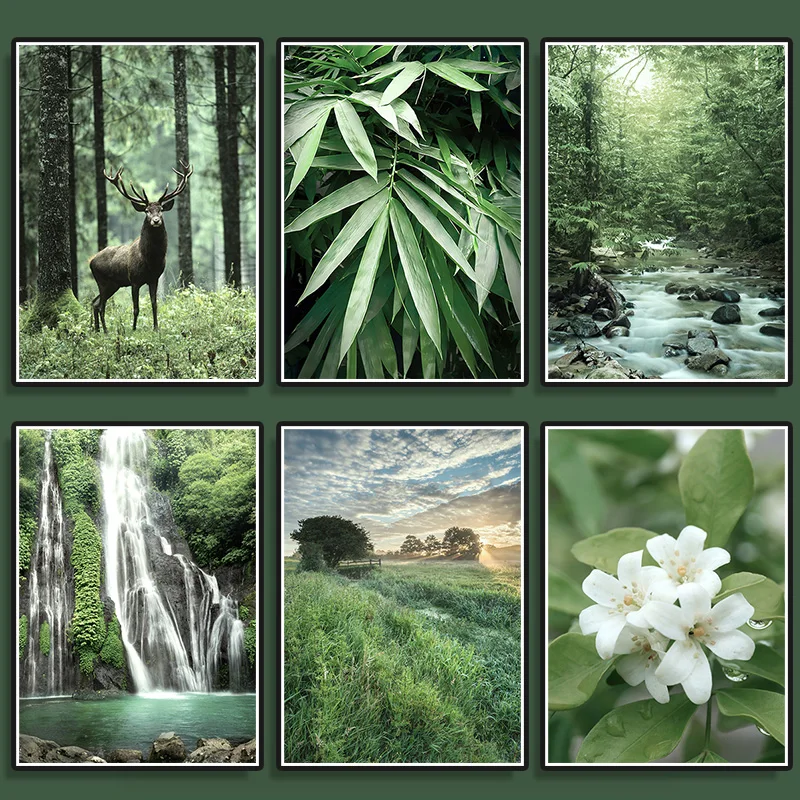 

Постер на холсте с зеленым лесом, картина с изображением дикого оленя, водопада, поток, цветок, листья, весенний пейзаж, искусство, домашний декор
