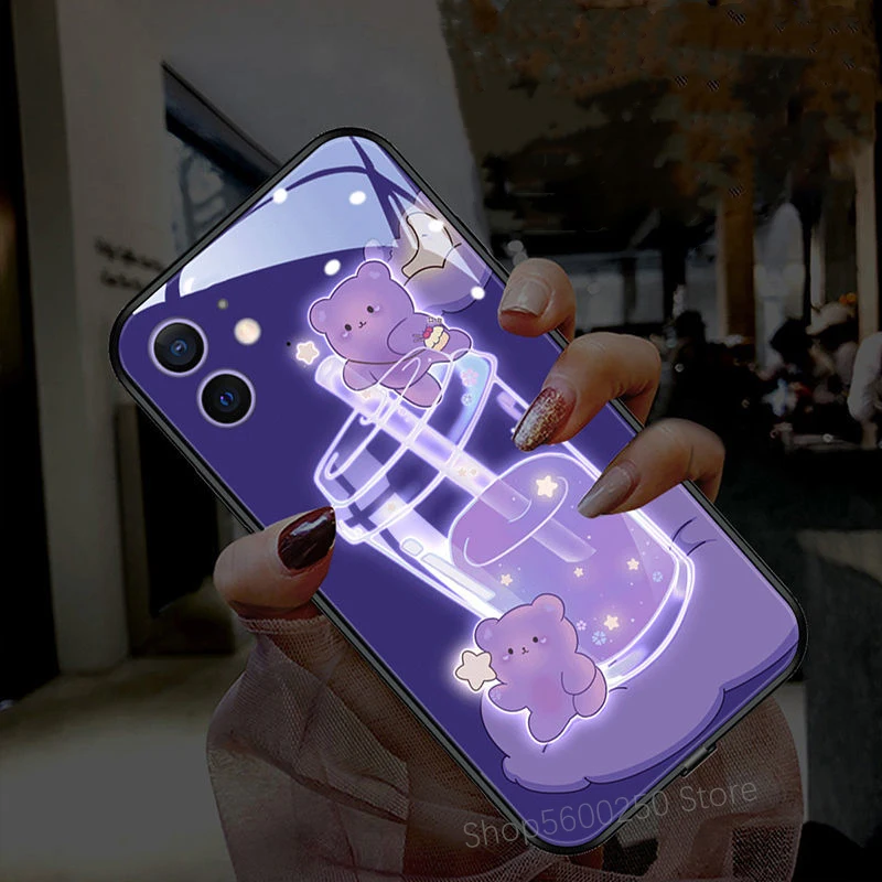 

3D Фиолетовый медведь пузырь Boba чай чехол для iPhone 12 Mini 11 Pro XS Max XR 7 8 Plus вызов светодиодный светящийся Мягкий ТПУ чехол