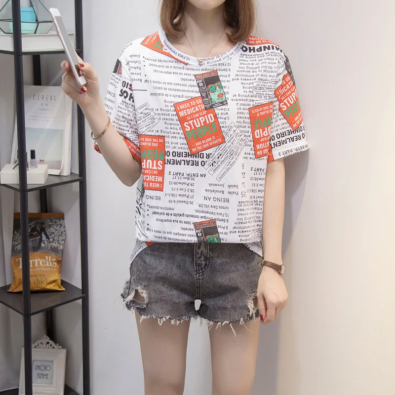 

Женская тонкая свободная футболка, хлопковая футболка с коротким рукавом и круглым вырезом, с буквенным принтом, оригинальная женская футб...
