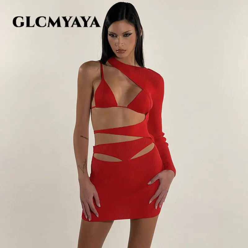

Модное женское облегающее платье GLCMYAYA с открытой спиной, на одно плечо, со шнуровкой, с круглым вырезом, 2023, с длинным рукавом, сексуальное женское платье