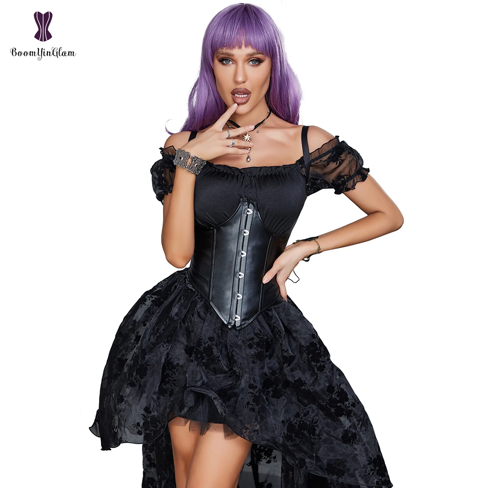 32CM 12.60" Women Cupless Bustier Top Steampunk Vest Synthetic Leather Corset Halloween Costume