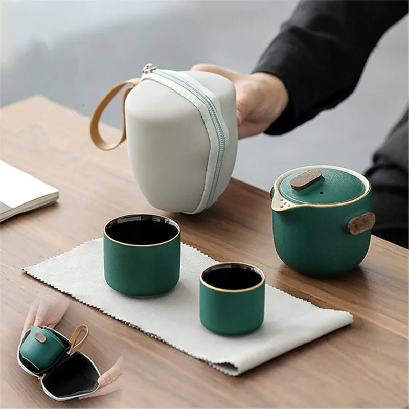 

Зеленый дизайнерский дорожный чайный сервиз, один чайник, две чашки, чайная посуда, высококачественный чайный сервиз, чашка, индивидуальный...