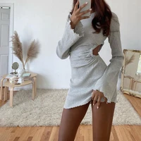 autumn sexy draped flared sleeve hollow mini dress knitted round neck pleated tight fashion casual streetwear woman dress