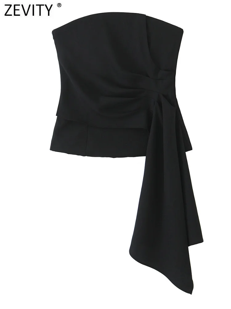 Zevity 2024 Women Fashion Strapless Solid Pleated Design Corset Style Slim Blouse Female Zipper Shirts Blusas Chic Tops LS7204
