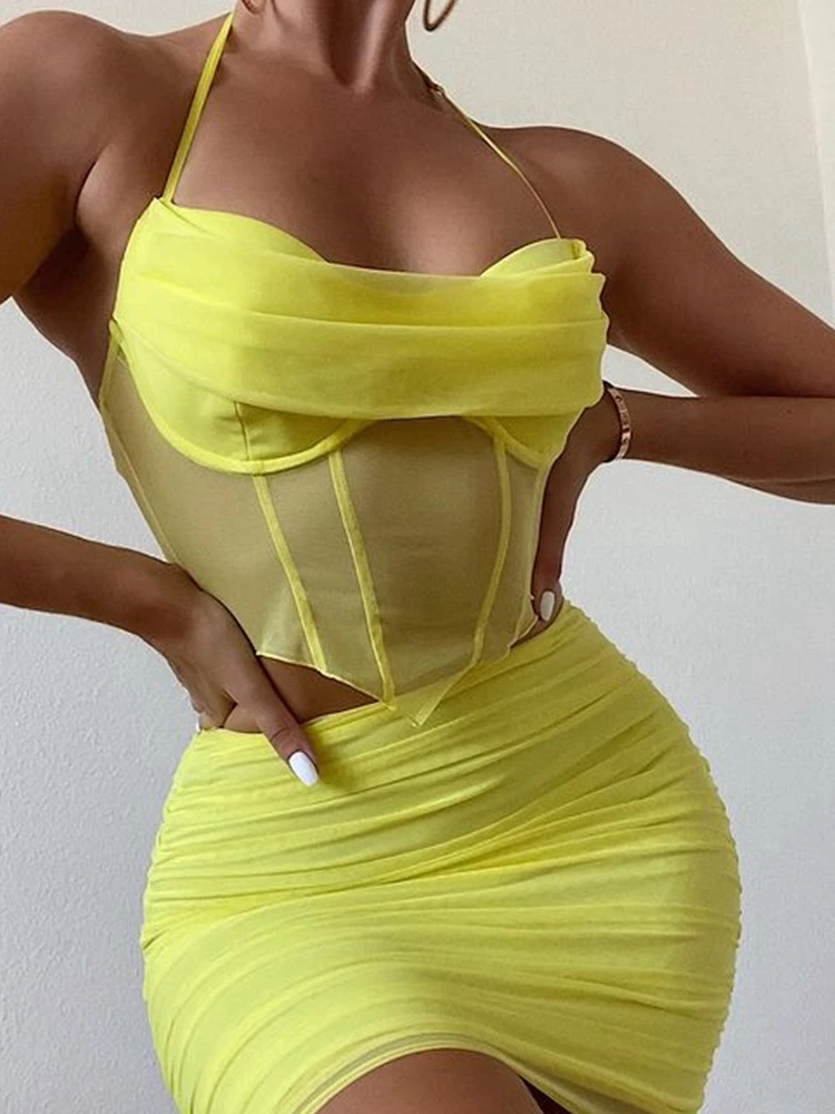 

High Quaity Summer 2 Pieces Set Women Party Dress 2022 New Arrivals Yellow Bodycon Dress Mesh Halter Dress Sexy Club Prom Dress