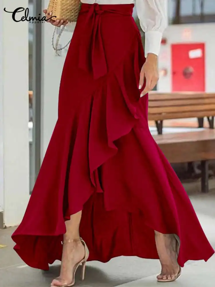 

Celmia Fashion Women Ruffles Skirts 2023 Asymmetrical Fishtail High Waist Skirt Casual Loose Belted Maxi Skirt Party Long Skirts