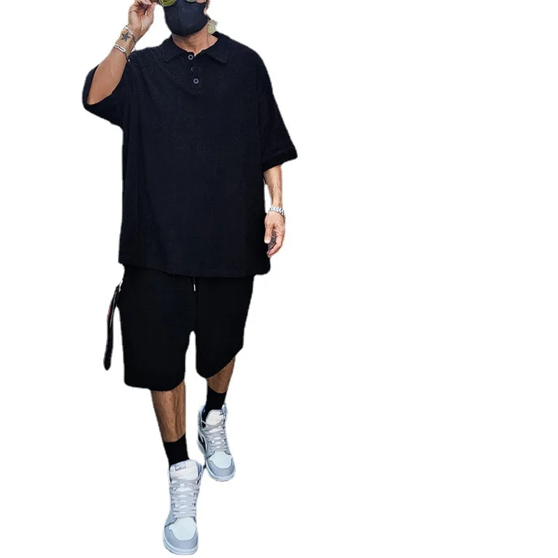 New Men's Fashion Top Neck T-shirt Sports Set Men's Summer Towel Loose Short Sleeve Shorts Two Piece Set