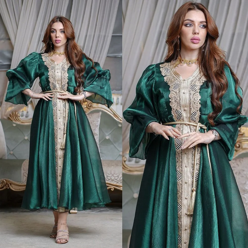 Women Spring Summer Muslim Fashion Middle Eastern Turkey Seasonal Tempest Evening Dress Lantern Sleeve Belted Gown Ramadan
