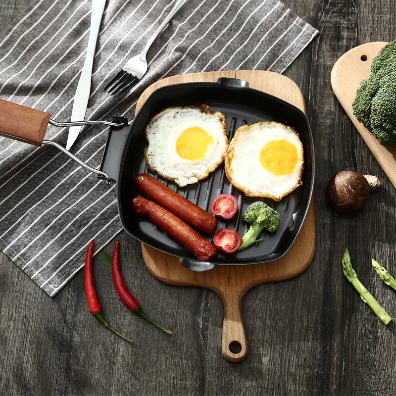 

Konco Steak Frying Pan 20/24/28cm Iron Non-stick Folding Steak Pot Phickened Striped Square Grill Plate Kitchen Tools