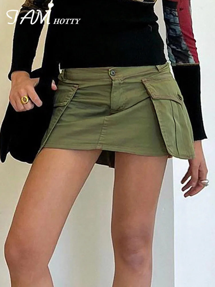 

IAMHOTTY Pockets Cargo Miniskirt Women High Waist Straight Bodycon Casual Short Skirts Y2K Fairycore Grunge Clothes Vintage 90s