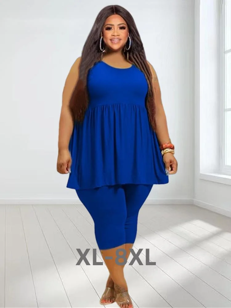 Plus Size Two Piece Women's Summer Clothing Sleeveless Draped Solid Casual Cute Loose Short Sets Whole 3xl 4xl 5xl 6xl