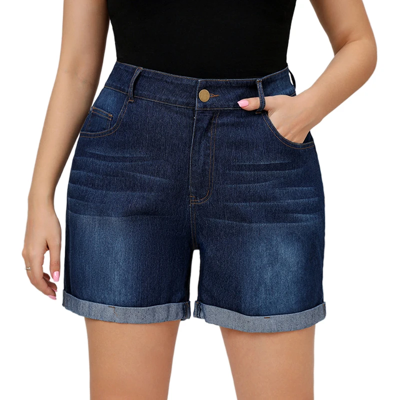 2022 Summer Plus Size 5XL High Waist Denim Shorts Women Casual Solid Wide Leg Loose Jeans Short Pants Bottom Pocket Blue Trouser