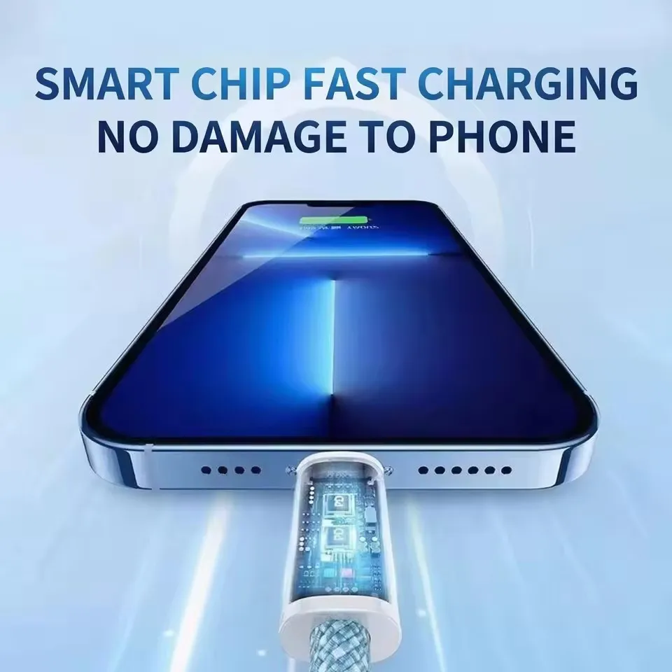 Фото Кабель для быстрой зарядки PD 35W с плетеным корпусом для iPhone 11, 12, 13 mini, 14 Pro Max, X, XR, XS Max, 7, 8 Plus, USB-C, 1м, 2м №1