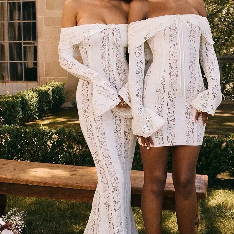 YENKYE сексуальное кружевное платье с открытыми плечами для женщин облегающее